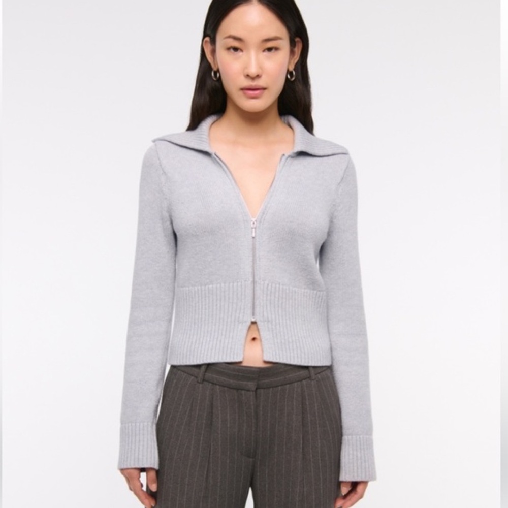 🌸 NWT Abercrombie & Fitch Gray Zip-Up Collard Cardigan Sweater L 🌸